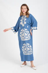 HatunAtila Süzene İşlemeli Püsküllü Oversize Uzun Elbise Büyük Beden - 5092 B Mavi