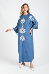 HatunAtila Oversize Kroşetalı Süzene İşlemeli Uzun Elbise Büyük Beden - 5091 - B Mavi