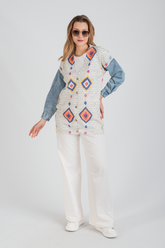 HatunAtila Kolu Kot Detaylı Desenli Uzun Triko Hırka - 1180-16