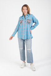 HatunAtila Kareli Cebi İşlemeli Keten Gömlek - 8602 Mavi