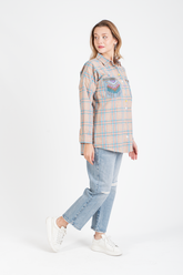 HatunAtila Kareli Cebi İşlemeli Keten Gömlek - 8602 Bej