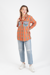 HatunAtila Kareli Cebi İşlemeli Keten Gömlek - 8602 Turuncu