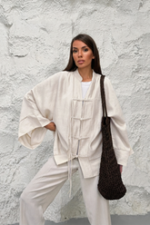Kadın Hakim Yaka Brit Düğmeli Saçak Detaylı Geniş Kol Ceket Kimono 0133 - Ekru
