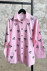 HatunAtila Mickey Mouse Figürlü Oversize Gömlek 5161 Pembe