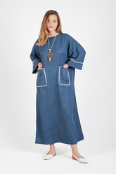 HatunAtila Kroşatalı Kolyeli Melanj Keten Kumaş Oversize Uzun Elbise Büyük Beden - 5072 B Mavi