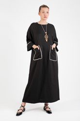 HatunAtila Kroşatalı Kolyeli Melanj Keten Kumaş Oversize Uzun Elbise Büyük Beden - 5072 B Siyah