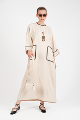 HatunAtila Kroşatalı Kolyeli Melanj Keten Kumaş Oversize Uzun Elbise - 5072 Bej