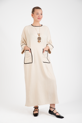HatunAtila Kroşatalı Kolyeli Melanj Keten Kumaş Oversize Uzun Elbise Büyük Beden - 5072 B Bej