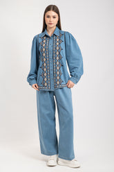 Hatun Atila Kadın Balon Kollu Nakışlı İkili Takım 8737 - Mavi