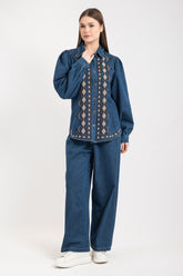 Hatun Atila Kadın Balon Kollu Nakışlı İkili Takım 8737 - Koyu Mavi