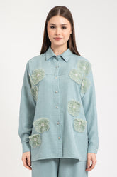 Hatun Atila Kadın İnci Ve Taş Detaylı Tül Çiçekli Keten İkili Takım 7943 - Çağla Yeşili