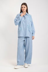 Hatun Atila Kadın İnci Ve Taş Detaylı Tül Çiçekli Keten İkili Takım 7943 - Mavi