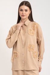 Hatun Atila Kadın İnci Ve Taş Detaylı Tül Çiçekli Keten İkili Takım 7943 - Camel