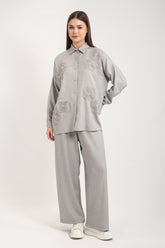 Hatun Atila Kadın İnci Ve Taş Detaylı Tül Çiçekli Keten İkili Takım 7943 - Gri
