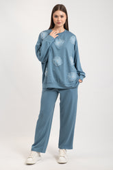 Hatun Atila Tül Çiçek Ve İnci Detaylı Oysho İkili Takım 7914 - Mavi