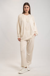 Hatun Atila Tül Çiçek Ve İnci Detaylı Oysho İkili Takım 7914 - Ekru