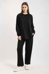 Hatun Atila Tül Çiçek Ve İnci Detaylı Oysho İkili Takım 7914 - Siyah