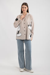 Hatun Atila Önden Düğme Kapamalı Mickey Mouse Baskılı Uzun Kollu Çizgili Poplin Kadın Gömlek 5159 - Bej