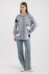 Hatun Atila Önden Düğme Kapamalı Mickey Mouse Baskılı Uzun Kollu Çizgili Poplin Kadın Gömlek 5159 - Antrasit
