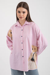 Hatun Atila Süs Düğmeli Baskılı Uzun Kollu Poplin Kadın Gömlek 5160 - Pembe