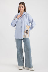 Hatun Atila Süs Düğmeli Baskılı Uzun Kollu Poplin Kadın Gömlek 5160 - Bebek Mavisi