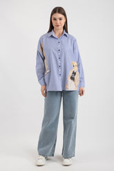 Hatun Atila Süs Düğmeli Baskılı Uzun Kollu Poplin Kadın Gömlek 5160 - Mavi