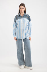 Hatun Atila Omuzu Fermuar Deyatlı Kot Garnili Çizgili Gömlek 8754 - Mavi