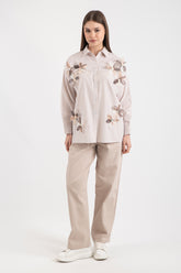 Hatun Atila Kadın Organze Çiçekli Çizgili Gömlek 7946 - Bej