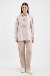 Hatun Atila Kadın Önü Fiyonklu ve İnci Detaylı Çizgili Gömlek 7934 - Bej