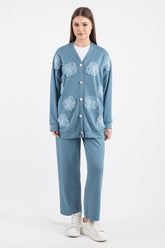 Hatun Atila Tül Çiçek Ve İnci Detaylı Oysho Hırkalı Takım 7926 - Mavi