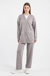 Hatun Atila Tül Çiçek Ve İnci Detaylı Oysho Hırkalı Takım 7926 - Gri