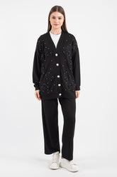 Hatun Atila Tül Çiçek Ve İnci Detaylı Oysho Hırkalı Takım 7926 - Siyah