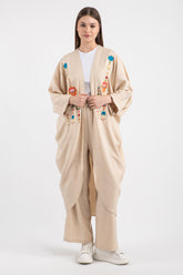 Hatun Atila Kadın Oversize El İşlemeli Etnik Taş Ve Pul Nakışlı Kimono Takım Ekru - 5150