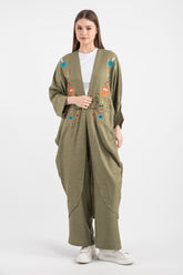 Hatun Atila Kadın Oversize El İşlemeli Etnik Taş Ve Pul Nakışlı Kimono Takım Haki - 5150