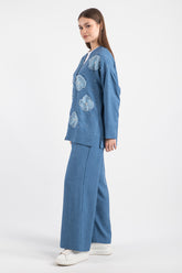 Hatun Atila Kadın Tül Çiçekli Taş Detaylı İkili Takım 8747 - İndigo