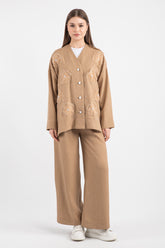 Hatun Atila Kadın Tül Çiçekli Taş Detaylı İkili Takım 8747 - Vizon