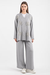 Hatun Atila Kadın Tül Çiçekli Taş Detaylı İkili Takım 8747 - Gri