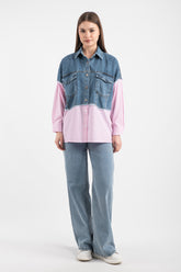 Hatun Atila Kot Garnili Cep Detaylı Çizgili Gömlek 8755 - Pembe