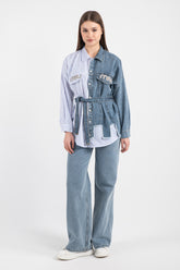 Hatun Atila Kadın Kot Garnili Cepleri Taş İşlemeli Kemerli Çizgili Gömlek 8757 - Mavi
