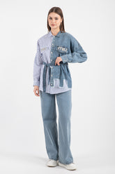 Hatun Atila Kadın Kot Garnili Cepleri Taş İşlemeli Kemerli Çizgili Gömlek 8757 - Lacivert