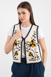 HatunAtila Çiçek Desenli Akrilik Süzine Yelek Ekru - 5155