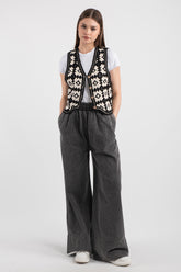 HatunAtila Desenli Süzine Örgü Triko Yelek Siyah Ekru - 5185