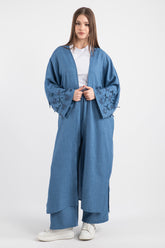 Boncuk ve Kurdele Detaylı Uzun Kimono Pantolonlu Takım 5149 - Mavi