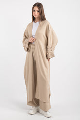Boncuk ve Kurdele Detaylı Uzun Kimono Pantolonlu Takım 5149 - Bej