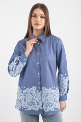 Çizgili Dantel Detaylı Uzun Gömlek 8762 - Lacivert