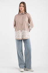 Çizgili Dantel Detaylı Uzun Gömlek 8762 - Vizon