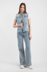 Hatun Atila Kadın Omuzları İnci Detaylı Kot Yelek 7739 - Mavi