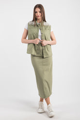 Hatun Atila Kadın Omuzları İnci Detaylı Kot Yelek 7790 - Yeşil