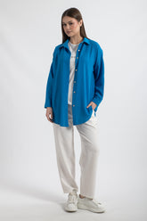 HatunAtila Kadın Oversize Düz Gömlek 8652 - Mavi