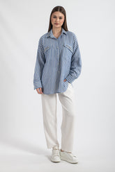 HatunAtila Taş ve İnci Detaylı Çizgili Gömlek 5164 Lacivert